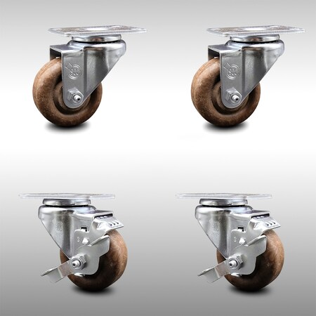 Service Caster 3 Inch SS High Temp Glass Filled Nylon Swivel Top Plate Caster Set with 2 Brakes SCC-SS20S314-GFNSHT-2-TLB-2